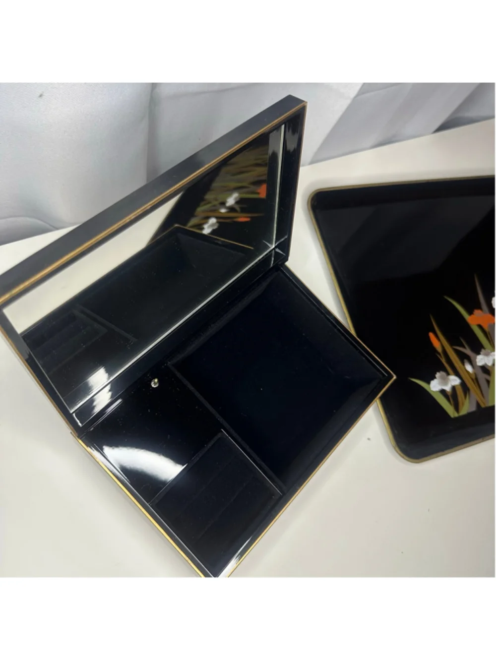 Vintage Otagiri Japan Black Lacquerware Iris Floral Serving Tray & Jewelry Box